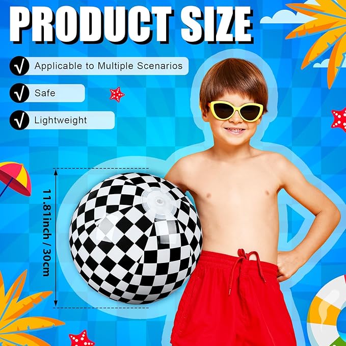 4 Pack Black and White Beach Balls 11.8" Checkered Flag Themed Inflatable Beach Ball Bulk Race Car Birthday Party Supplies for Summer Pool Party End of the Year Decoration Favor