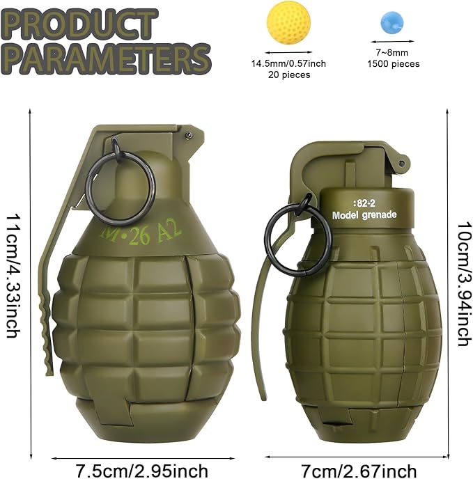 2Pcs Toy Hand Grenade for Tactical Game with 20 Round Ammo Model Battle Fake Grenade Toys for Outdoor Sport Role Play Prop Game,14+ and Adults,Green