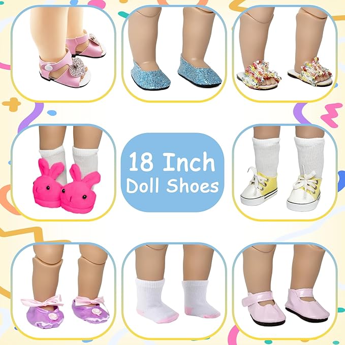 18 Inch Doll Shoes 7 Pairs of Doll Shoes 2 Socks 18 inch Doll Accessories Includes Sandals Ballet Flats Sequin/Sports/Princess/Bunny Shoes for 30-45 cm Doll Girls Boy Birthday Present