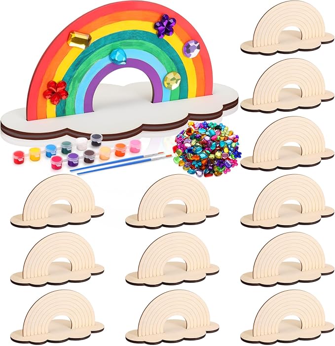 12 Sets Christmas Rainbow Painting Craft for Kids Party Favors, Art Wooden Painting Sets for Party Favors Brush Kit Return Gifts, Birthday Supplies Class Make Your Own Craft Kits