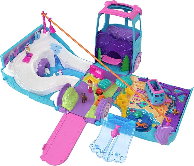 Polly Pocket Micro Dolls and Transforming Camper Van Vehicle, Accessories Include Pets and Toy Car, Pet Mobile Adventure Playset