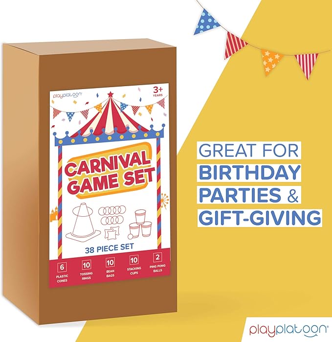 Play Platoon 38 Piece Carnival Games for Kids - Indoor Obstacle Backyard Course, Bean Bag Toss, Ring Toss, Cones, Cups, Games for Kids, Family Party Outdoor Inside