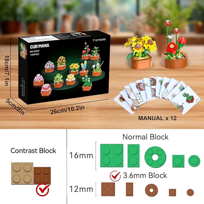 12 Pack Flowers Succulents Mini Building Set - 1403PCS Flower Botanical Collection for Home Office Décor 3.6MM Plant Blocks Toy, Easter Birthday Gifts for Adults Women Kids Girls10+