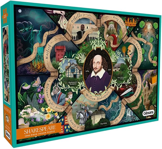 Gibsons Shakespeare 1000 Piece Jigsaw Puzzle for Adults – Colourful Literary & History Art by Anna Stead – Premium Sustainable Made in America – Challenging Educational Gift for Book Lovers & Puzzlers