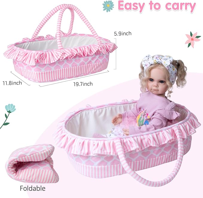 12 Pieces Reborn Baby Doll Clothes with Heart Bassinet & Diapers Accessories Set fit 17-24 Inch Girl Dolls Outdoor Dressing Outfit