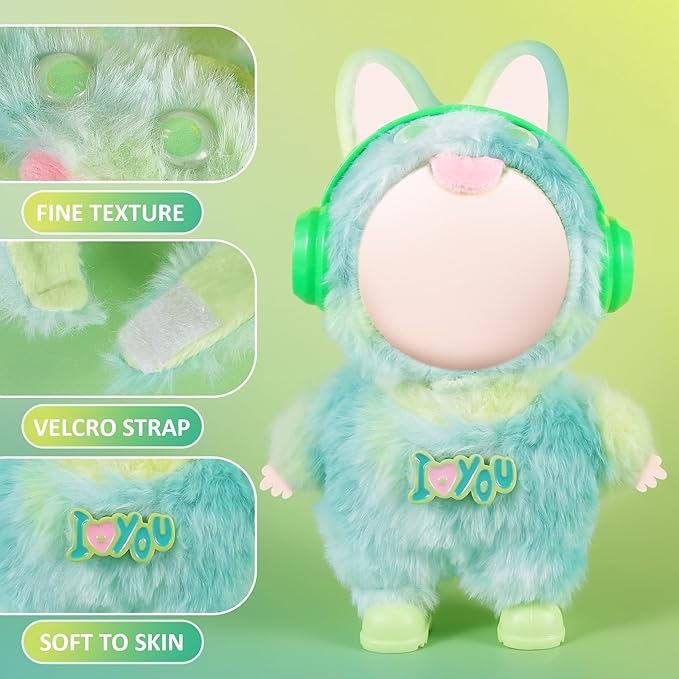 17cm Doll Clothes Set for Labubu Dress Up,Cute Outfit ,4 Piece Hat Overalls Headphones Shoes Dolls Clothing Accessories(NO Doll) (Green)