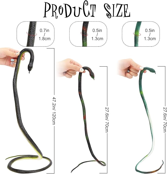 3 Pcs Realistic Snakes Rubber Plastic Snakes Prank Snake Colorful for Party, Tricking People, Garden Props Decorations, Assorted Sizes