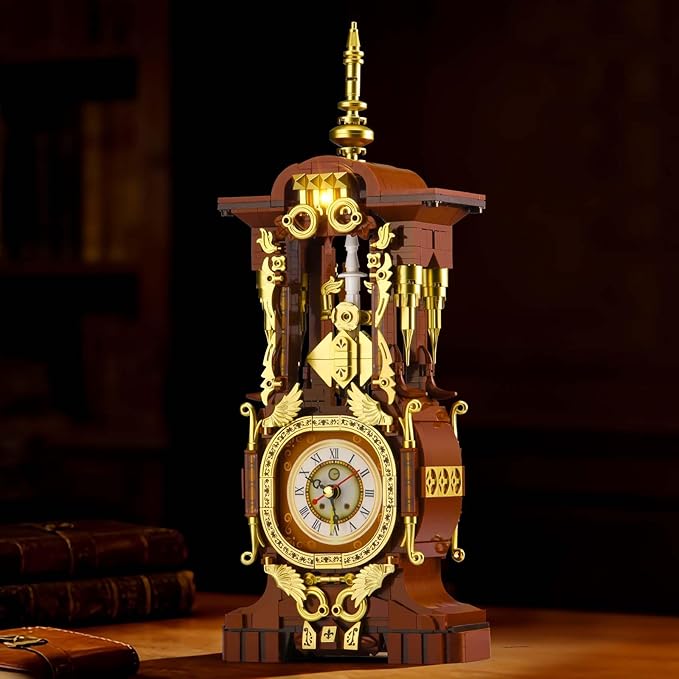Retro Clock Building Set for Adults, Vintage Pendulum Model with Rotating Gears, Mechanical Building Blocks Toy, Gift for Boys and Girls 8+(879PCS)