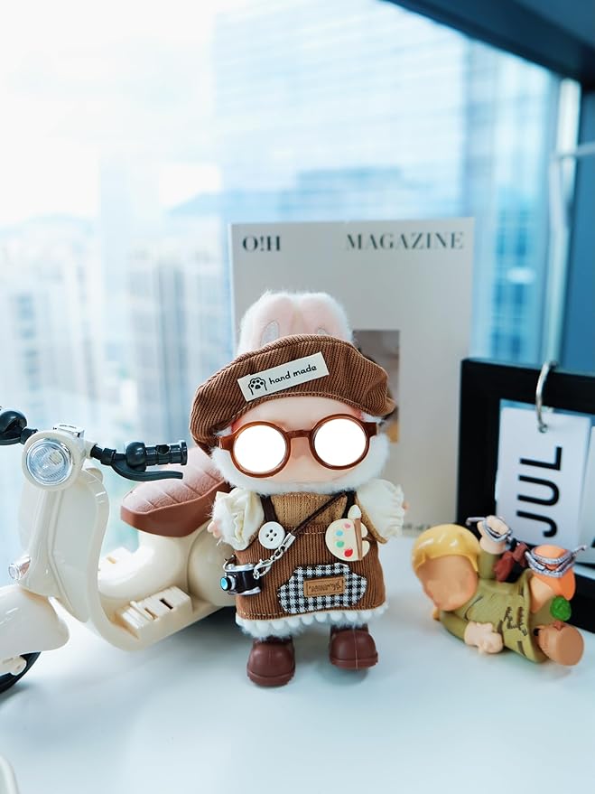 Clothes for 17cm Doll, 6 pcs Set Doll's Outfits Luxury Dress Shirt Pants Glasses Hat Headset Shoes Camera Accessories Fashion Stylish Adorable Dolls Clothes (No Doll) (Painter Brown)