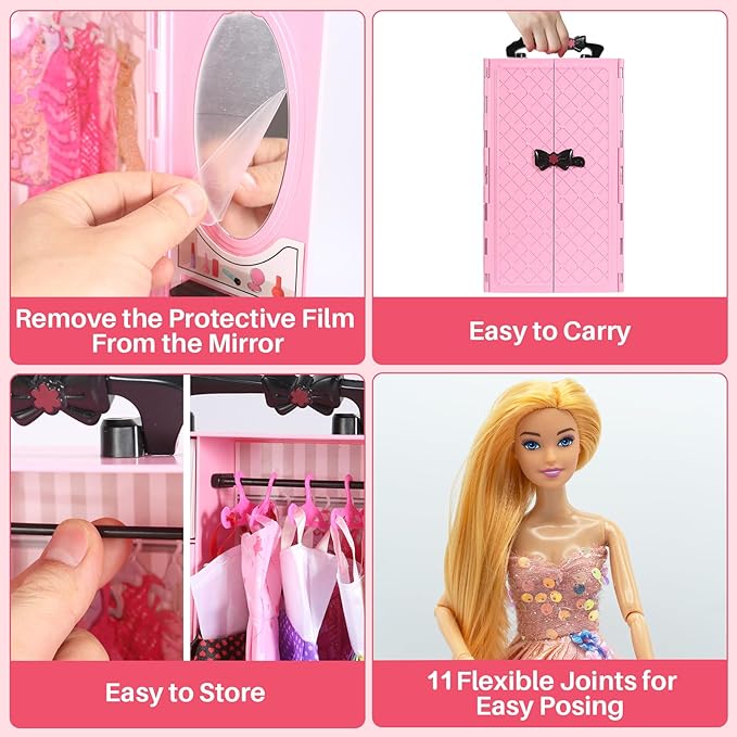 122 Pcs Doll Closet Playset with 11.5 Inch Dolls, Clothes and Accessories, Include Princess Dresses Shoes Bags Hangers Shoes Rack Doll Other Accessories, Dress Up Toys for Girls, Kids, Toddlers (Pink)