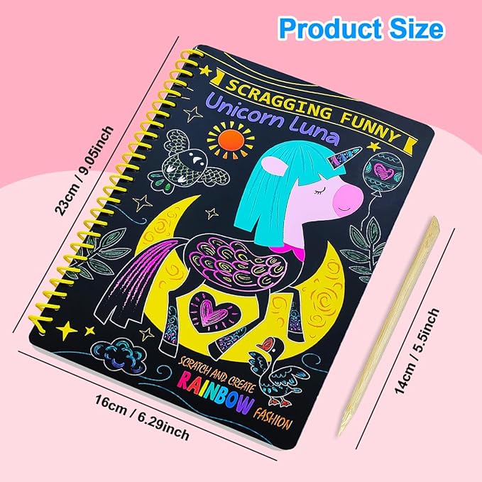 JUNQIU Easter Basket Stuffers, 2 Pack Animal & Unicorn Scratch Art for Kids, Rainbow Scratch Paper Art Notebook, Arts and Crafts for Boys Girls, Birthday Gifts Party Games