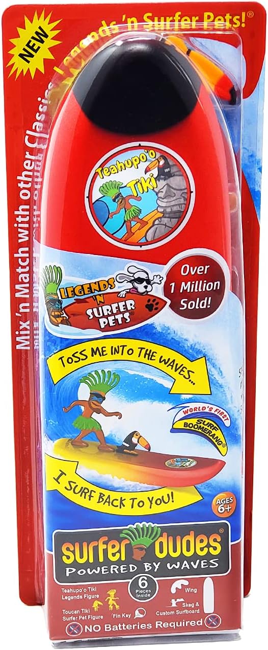 Surfer Dudes Legends & Surfer Pets Wave Powered Mini-Surfer, Pet and Surfboard Beach Toy - Teahupo'o Tiki and Toucan Tiki