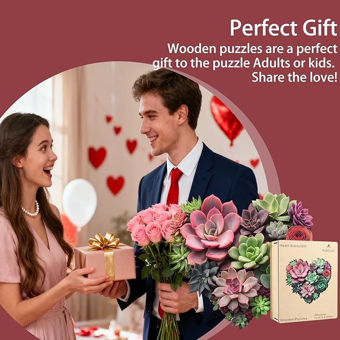 Ruikiyart Wooden Puzzles for Adults,Heart Succulents Flower Jigsaw Puzzles for Adults and Kids,200 Pieces Unique Shaped Wood Plant Puzzles for Kids,Mother's Day Puzzle Gifts Family Games,11.2"x10.8"