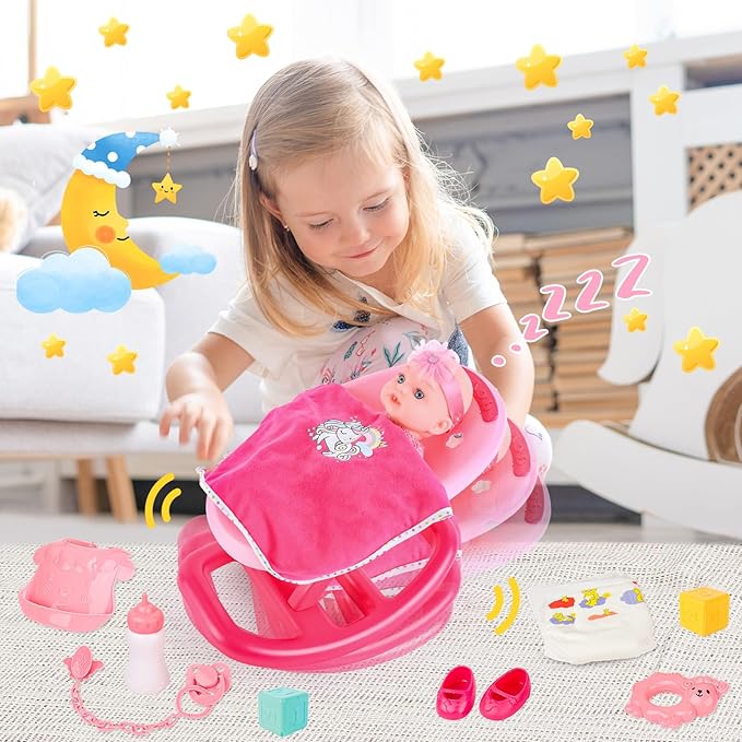 deAO Baby Doll Playset Baby Doll Crib Bed Set Adjustable 2 in 1 Baby High Chair and Rocking Bed, Baby Doll Accessories with 13 Inch Dolls, Feeding Pretend Play Toy Gift for Toddler 3+ Years Old