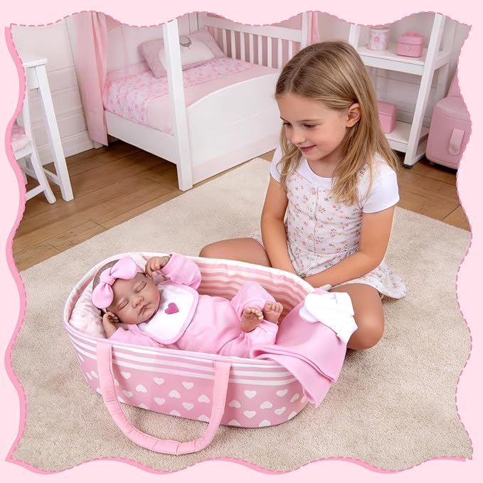 Aori Reborn Baby Dolls Bassinet Foldable Baby Doll Carrier Bed Soft Doll Carrier Doll Accessories with Handle for 17-22 inch Baby Dolls Girls (Pink)