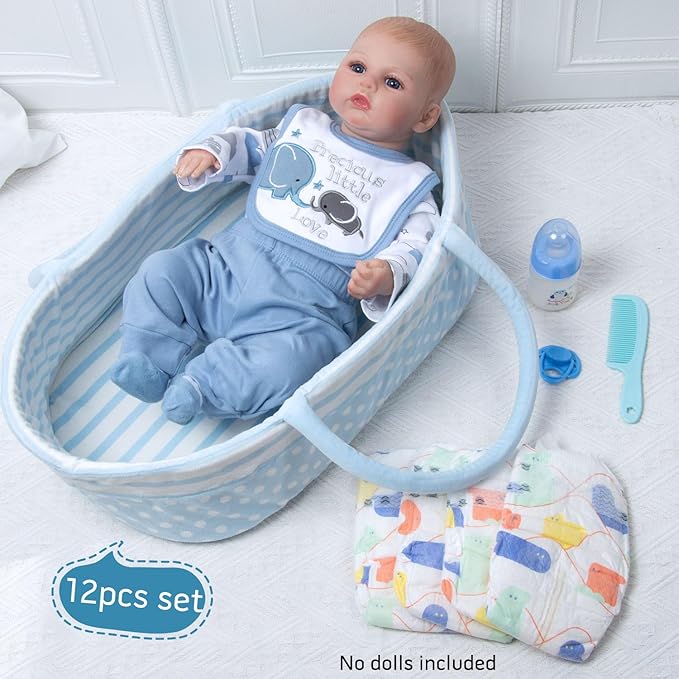 17-20-22 Inch Reborn Silicone Baby Doll Clothes Boy Reborn Clothes Baby Doll Accessories Set 12-Pieces Elephant Outfits+Bassinet +Soft Diapers and Feeding Accessory