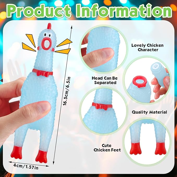 Honoson 50 Pcs Glow in The Dark Rubber Chicken 6.5 Inch Luminous Screaming Glowing Novelty Squeaky Chicken Prank Novelty Party for Adults, Family Games (Pink,Red,Blue,Yellow,Green)