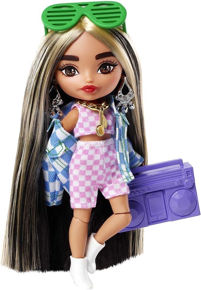 Barbie Extra Minis Doll #2 (5.5 in) Wearing Checkered 2-Piece Fashion & Jacket, with Doll Stand & Accessories Including Shutter Sunglasses and Boombox, Gift for Kids 3 Years Old & Up