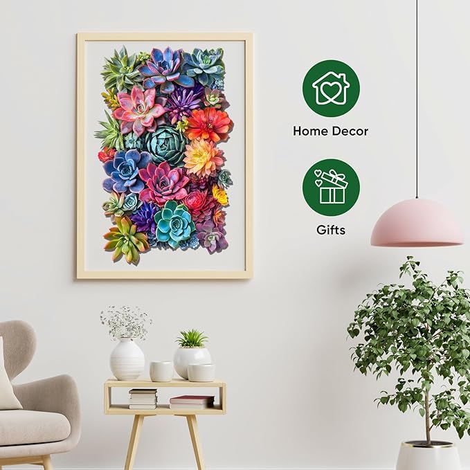 Delobil Rectangular Succulent Wooden Puzzles, 200 Pieces Jigsaw Puzzles 12.6'' x8'', Unique Design Wooden Puzzles for Adults and Kids, Family Game Gift