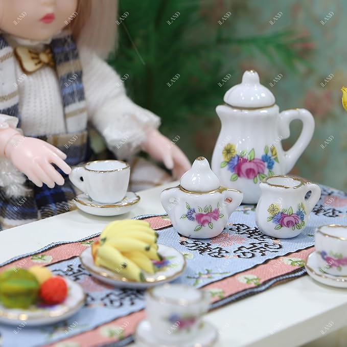 iLAND 1/6 Scale Accessories Mini Tea Set Miniature Porcelain 16pcs Set w/Table Runner Elf Accessories Cute Miniature Dollhouse Décor Fit 12 inch Dolls Action Figure Elegant Gilded Rosette