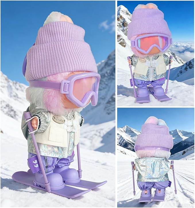 17cm Doll Clothes and Accessories Set for Lububu- Winter Snow Sports-Themed Ski Outfits with Hat, Jacket, Pants, Mini Poles, Goggles & Skiing Board, Designer Clothing for Macaron Doll(Purple)
