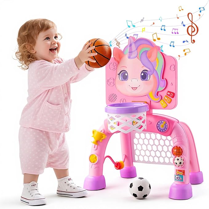 Toddler Basketball Hoop & Soccer Goal Activity Center, Interactive Toys with Light Music,Unicorn Toddlers Musical Toys Gift, Baby Birthday Easter Gifts Gift for 1 2 3 Year Old Boys Girls