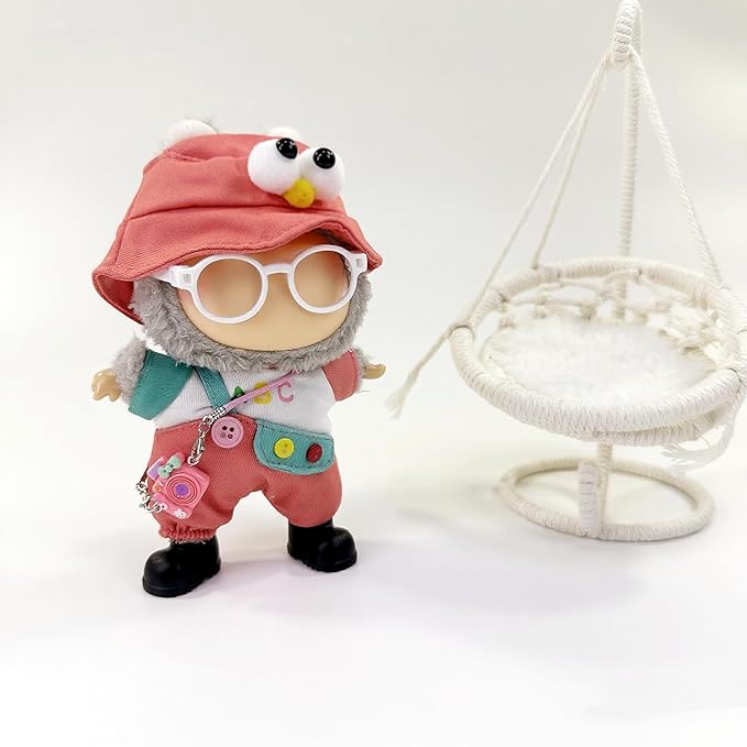 Stylish Adorable 17cm Dolls Clothes, 6PCS Doll Outfits Dress-Up with Hat + Top + Pants + Glasses + Shoes + Pendant Accessories (No Dolls) Red
