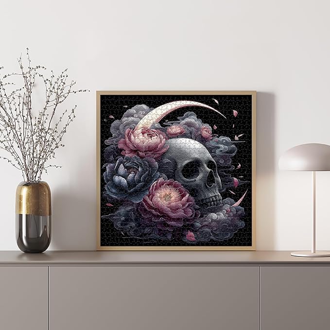 Skull Puzzle for Adults 1000 Pieces, Vintage Flower Puzzle Horror Skeleton, Black Art Floral Moon Challenge Jigsaw Puzzle