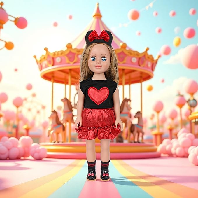 MSYO 18 Inch Doll Clothes & Accessories Set,Black Red Heart Top & Metallic Red Skirt Outfit with Mouse Ears Headband,Sunglasses,Socks,Shoes,Choker,Fits 16-18 Inch Baby Dolls(Red)