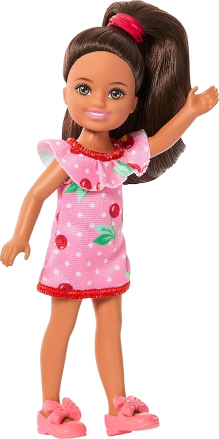 Barbie Club Chelsea Small Doll, 6-Inch Lula with Brunette Hair Wearing Removable Cherry-Print Dress & Sandals