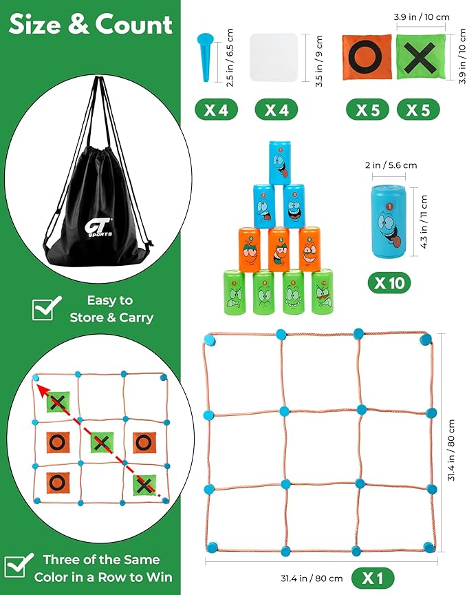 2-in-1 Giant Tic Tac Toe and Can Toss Game - Outdoor Games for Kids & Family, Backyard and Indoor Party Game Set with Bean Bags & Storage Bag