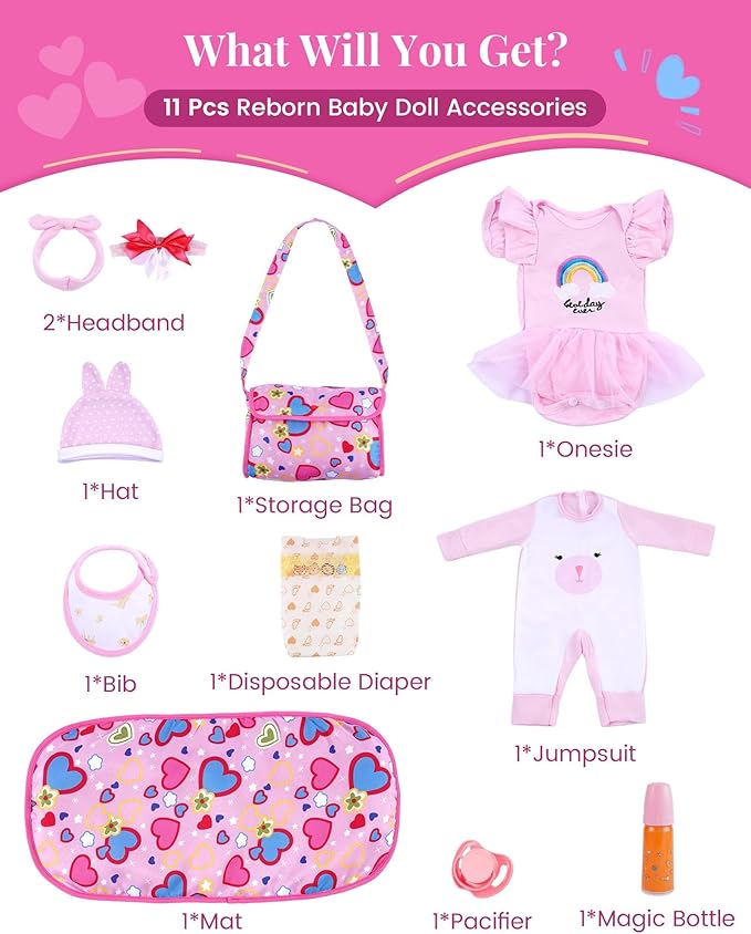 BABESIDE 11 PCS Reborn Baby Doll Clothes and Playset for 17-22 Inch Baby Doll Girl Outfits Accessories with Nursing Pad and Storage Bag, Pink
