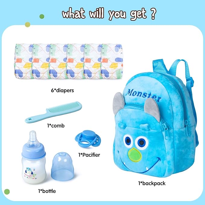 10 Pcs Reborn Baby Doll Diaper Bag Care and Feeding Set for 17-24 inches Reborn Dolls Newborn Baby Accessories with Monster Backpack Diapers Pacifier Bottle Comb