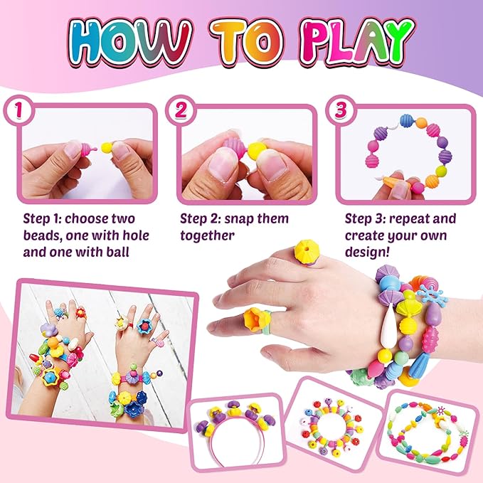 FUNZBO 850pcs Pop Beads - Jewelry Making Kit for 3 4 5 6 7 8 Year Old Little Girls, Arts and Crafts Toys for Kids, Necklace Bracelet Ring Hairband Creativity Snap Set, Easter Birthday Gifts for Kids