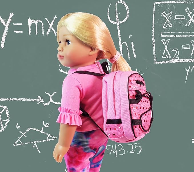 American Fashion World Doll Pink Sequin School Backpack for 18-Inch Dolls | Premium Quality & Trendy Design | Dolls Accessories for Popular Brands