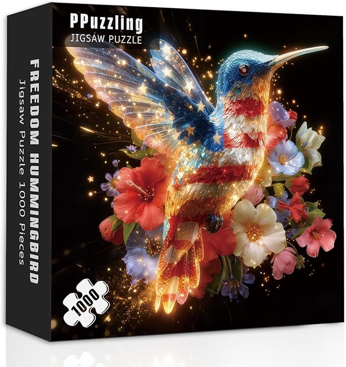 American Flag Hummingbird Puzzles for Adults 1000 Pieces, USA Patriotic Bird Jigsaw Puzzles, United States Freedom Floral Animal Puzzle