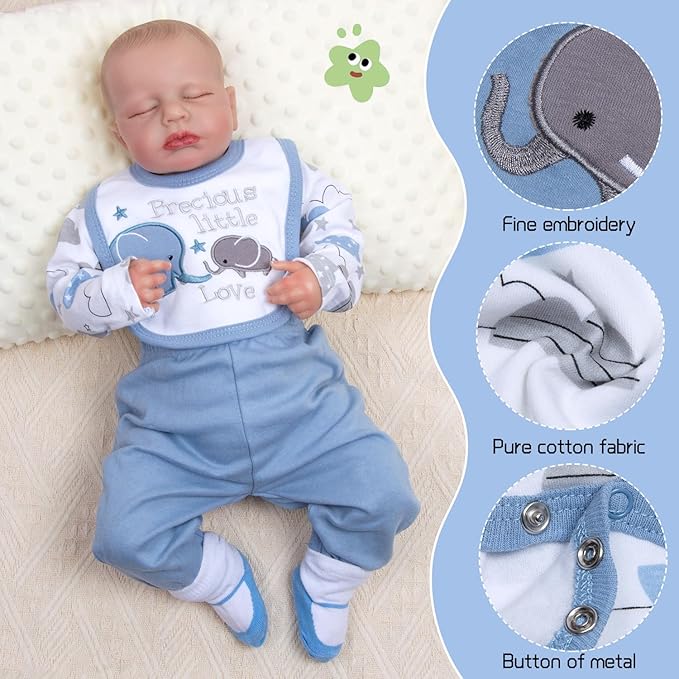 12Pcs Reborn Baby Doll Accessories Set 17-22 Inch Boy Clothes with Backpack Blue Elephant Outfits Reborn Baby Dolls Clothes Diapers Bag Design