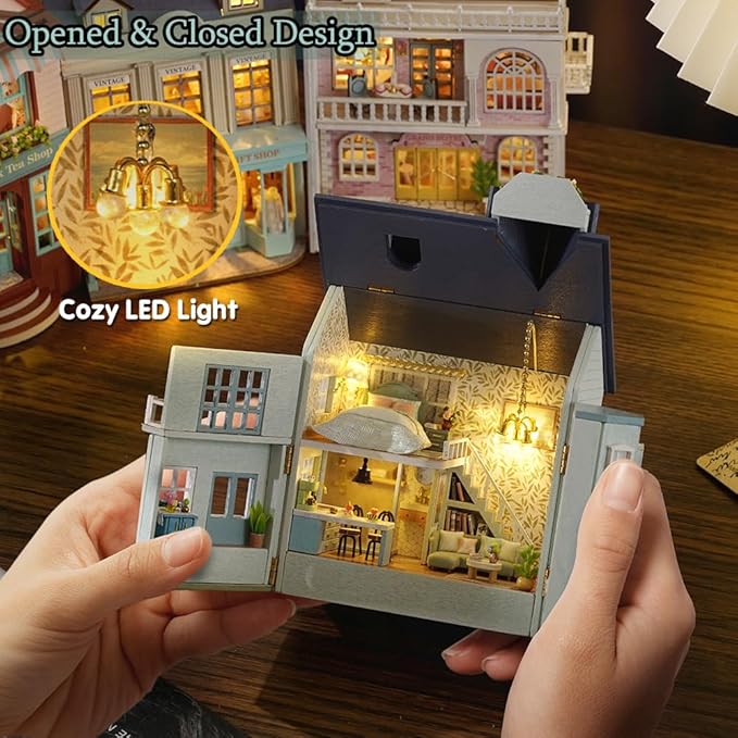 TuKIIE DIY Miniature Dollhouse Kit with Furniture, 1:32 Scale Creative Room Opened & Closed Mini Wooden Doll House for Kids Teens Adults(Warm House)