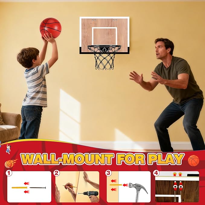 Indoor Basketball Hoop for Kids, Mini Basketball Hoops Over The Door and Wall Mount with Wooden Backboard, 3 Balls and Pump, Idea Toys Gifts for Kids and Adult