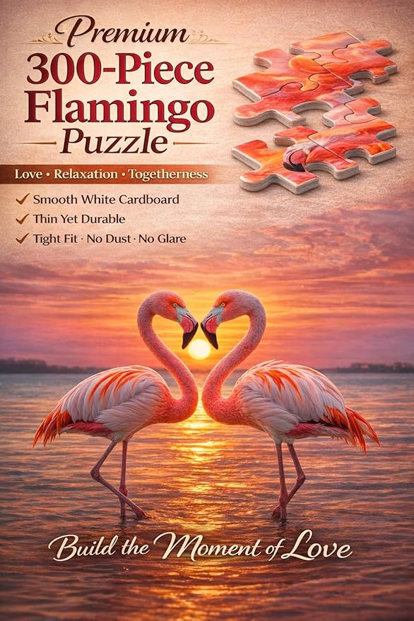 Flamingo Puzzles for Adults 300 Pieces, Jigsaw Puzzle with Flamingo Heart at Sunset, Art Challenging Animal Puzzle for Girlfriend, Valentine's Day, Vacation, Leisure Time, Beach, Wall Decor