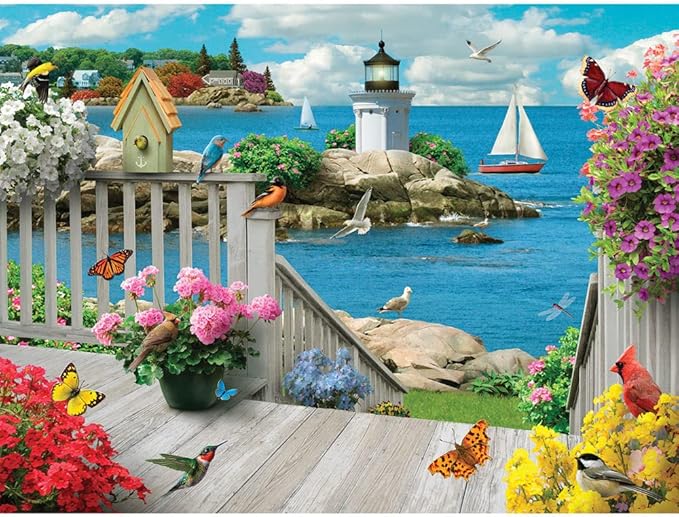 Bits and Pieces – 300 Piece Jigsaw Puzzle for Adults – Seacoast Serenity - Ocean Boat Birds Summer Light House Flower Jigsaw Puzzle by Artist Alan Giana, Completed Puzzle Size: 18" x 24"
