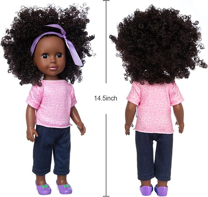 Ecore Fun 14.5 Inch Black Doll 14.5 Inch Baby Girl Doll and Clothes and Accessories Set African Washable Realistic Silicone Girl Dolls - Best Gift for Girls