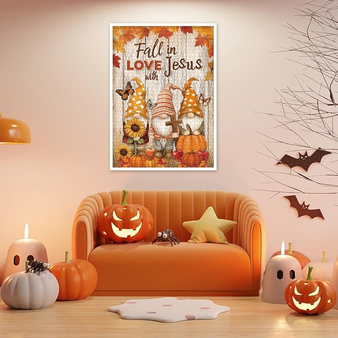 Fall Autumn Thanksgiving Puzzle for Adults 1000 Pieces, Christian Religious Jesus Jigsaw Puzzle, Gnome Pumpkin Sunflower Butterfly Scripture Bible Cross Puzzle