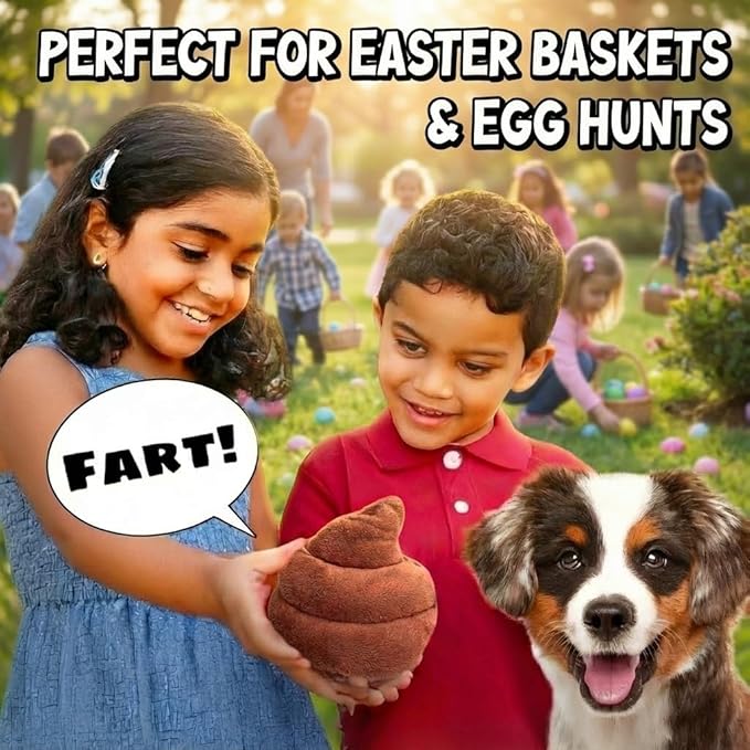 Funny Plush Poop Toy with 7 Fart Sounds - Easter Basket Stuffers for Kids & Teens - Great As A Dog Toy with Long Lasting Build - Hilarious for Spring Prank Toy & Easter Gag Gifts, 4 x 4.5