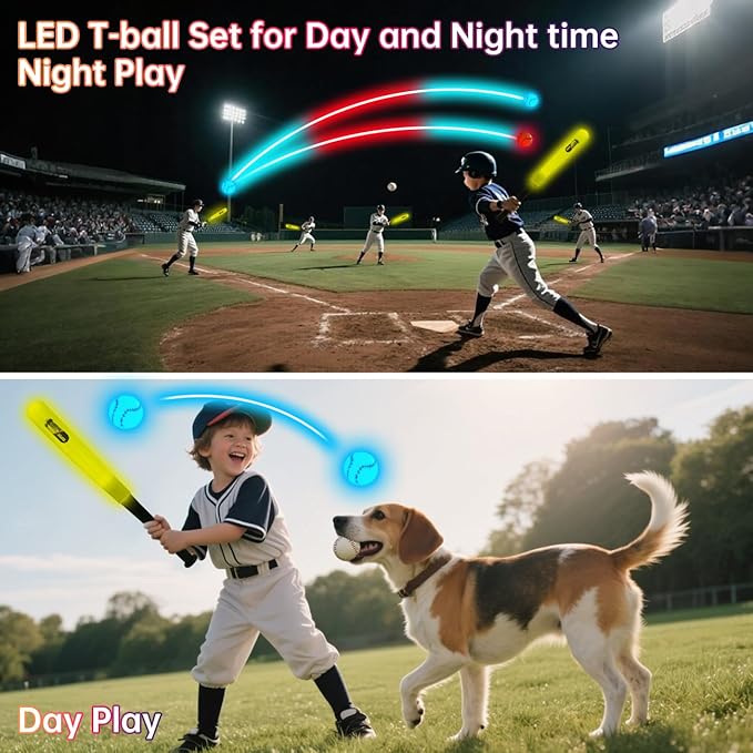 2 in 1 Glow In The Dark T Ball Sets for Kids 3-5 5-8,Light up Tee Ball Set with Automatic Pitching Machine/Adjustable Glow Batting Bat & Stand/6 Balls /2 Glow Balls, Baseball Toys for Toddlers Boys