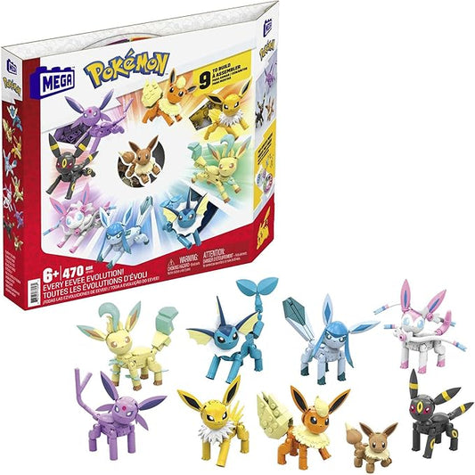 MEGA Pokémon Building Toys Set Every Eevee Evolution with 470 Pieces, 9 Poseable Characters, for Kids
