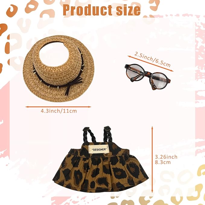 Dolls Clothes Set for 17cm Doll,3 Piece Set Outfits for Dolls Accessories,Leopard Print Glasses+Leopard Print Dress+Straw Hat