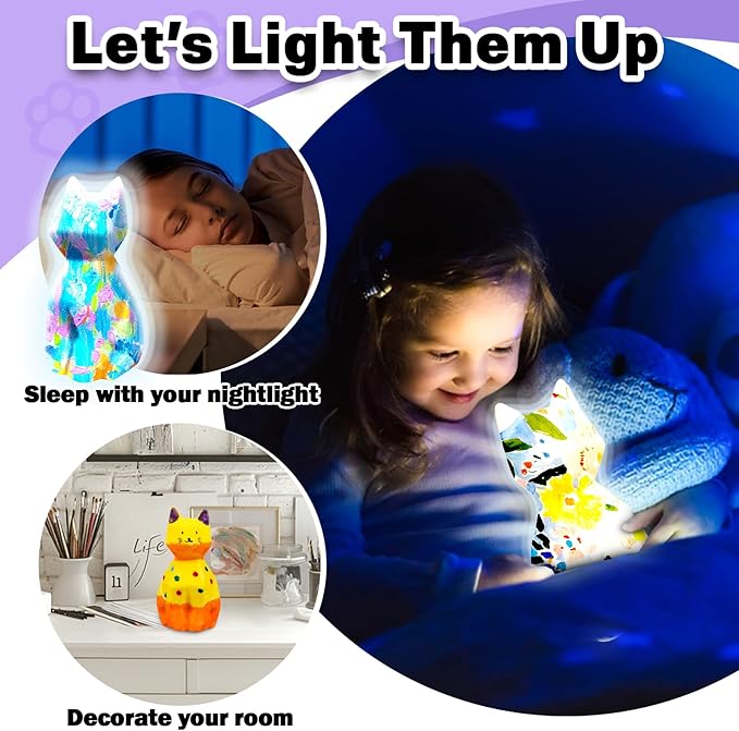 FUNZBO 2pcs Paint Your Own Cat Lamp - Easter Basket Stuffers, Arts and Crafts Supplies Painting Kits for Kids Teens, DIY Night Light Toy for Girls Boys Ages 3 4 5 6 7 8 9 10 11 12 13 Birthday Gifts