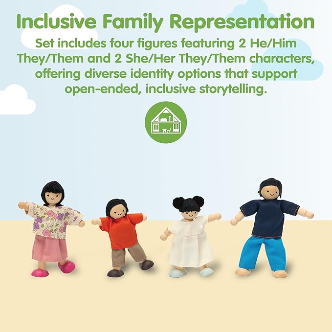 PlanToys® Family Wooden Dollhouse Figurine Set | 4 Poseable 1:12 Scale Mini Dolls (Parents & Kids) | Dollhouse Accessories for Pretend Play | Eco-Friendly Montessori Toy for Kids Ages 3+