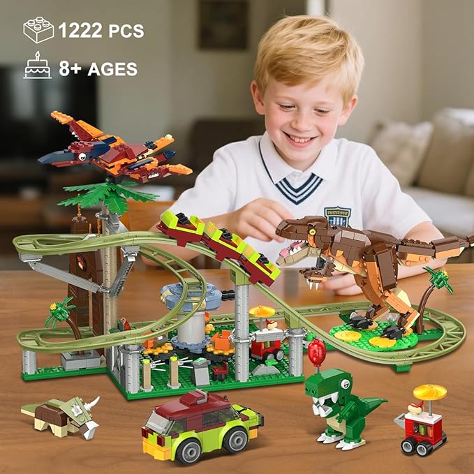 HOGOKIDS Dinosaur Roller Coaster Building Set - 1222 PCS Roller Coaster Building Toy with 4 Dinosaur, Off-Road Vehicle, Food Cart, Dinosaur Models Playset, Gifts for Adults Girls Boys Ages 8-12 Years